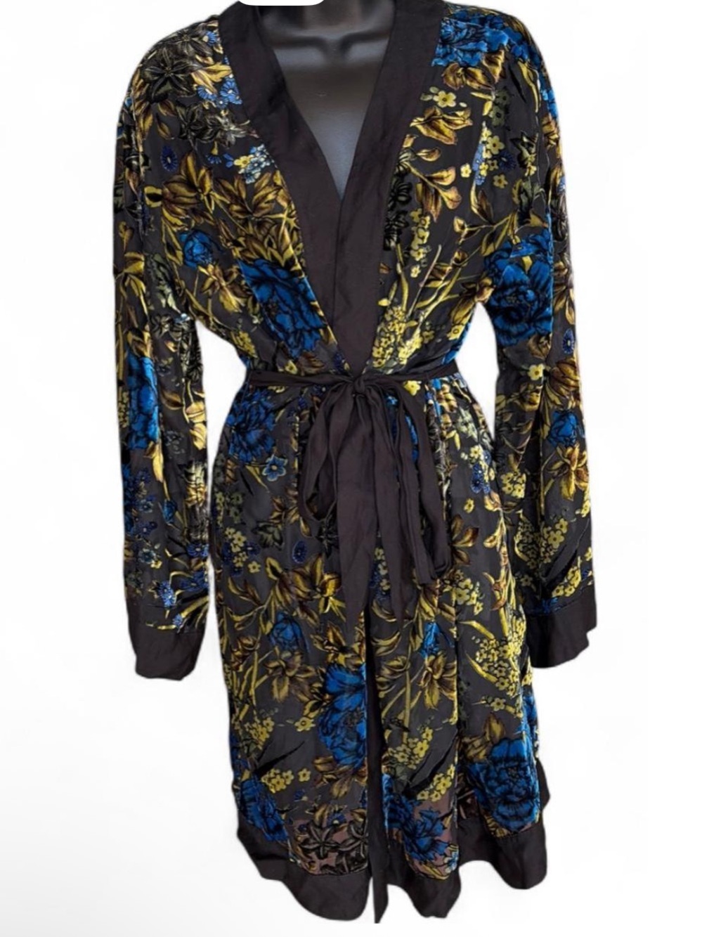 Floral Sheer Wrap Robe in Black with Blue & Gold Accents